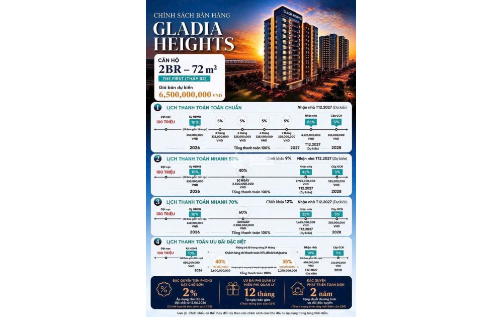 Chỉ 10% ứng với 650tr ký HĐMB sở hữu căn hộ 2PN 72m2 Gladia Heights Keppel Land & Khang Điền, ân hạn gốc lãi 24 tháng